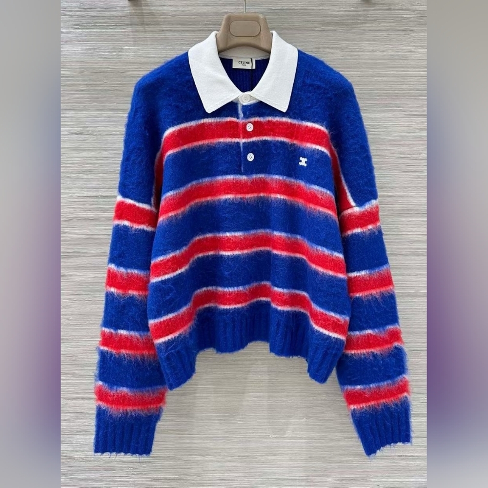 CELINE Blue and Red Striped Sweater with White Collar
